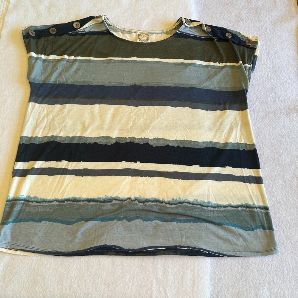 Tru Self Womens 2X Striped Short Sleeve Button Shoulder Accent Top Blouse Shirt